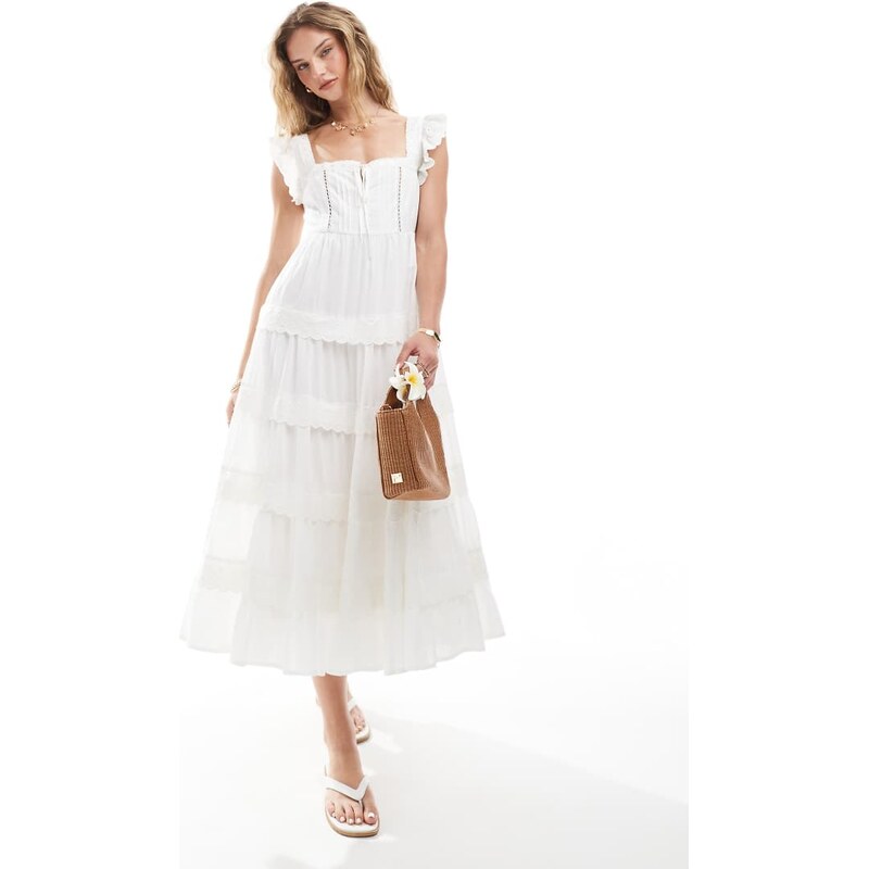 Miss Selfridge broderie trim baby doll midi dress in white 106694437