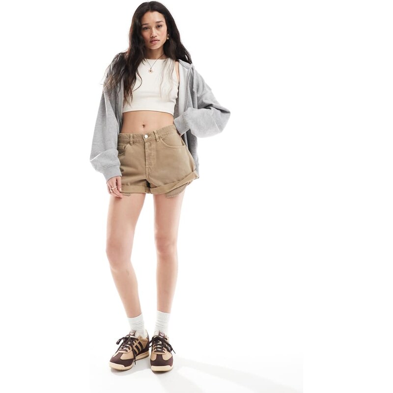 ASOS DESIGN denim relaxed short with roll hem in mocha-Neutral