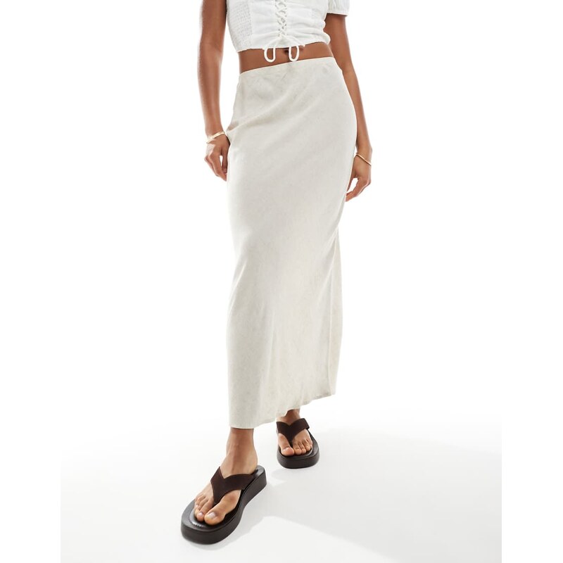 New Look linen bias midi skirt in stone-Neutral