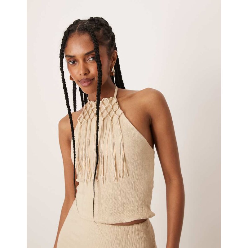 ASOS DESIGN co-ord fringed halter neck top in stone-Neutral