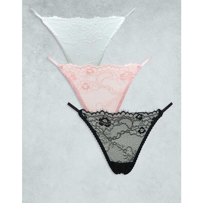 ASOS DESIGN 3 pack lace tanga thong in black, white and dusty rose 106225950