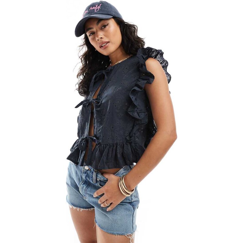 Object tie front frill blouse in navy