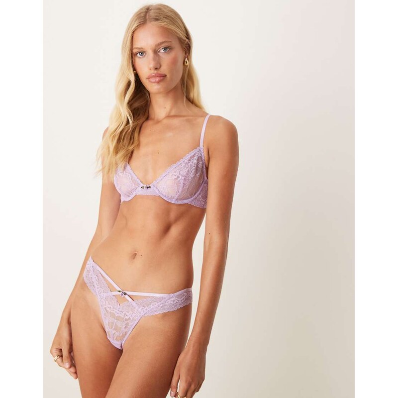 ASOS DESIGN Rosalie lace thong with floral trim in lilac-Purple 106225958