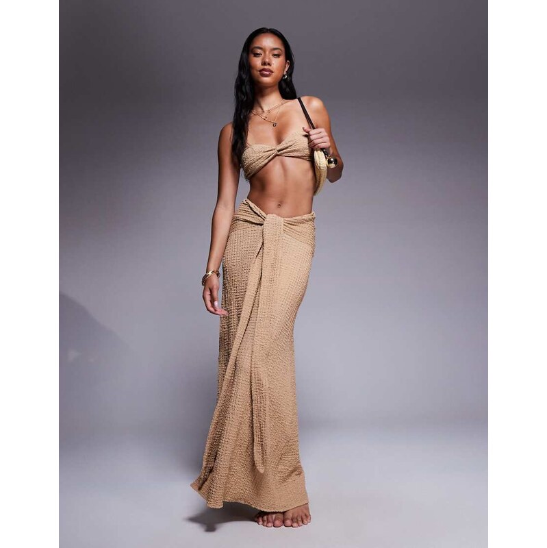 ASOS DESIGN Ozzy textured knot front maxi beach skirt in cream