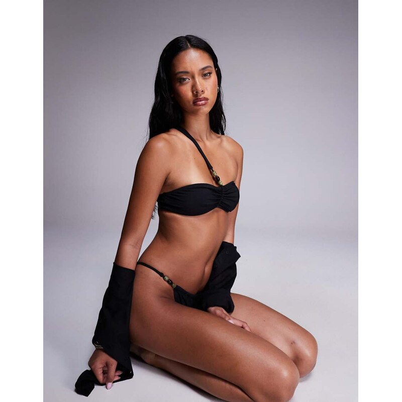 ASOS DESIGN Tara one shoulder bikini top with beading detail hardware 106225971