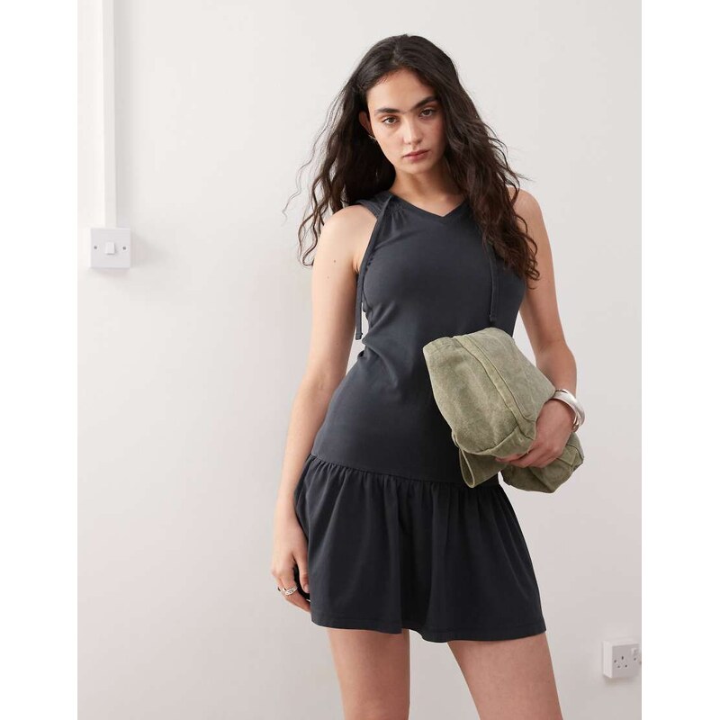 COLLUSION Neck detail drop waist ruffle dress in black 106225999