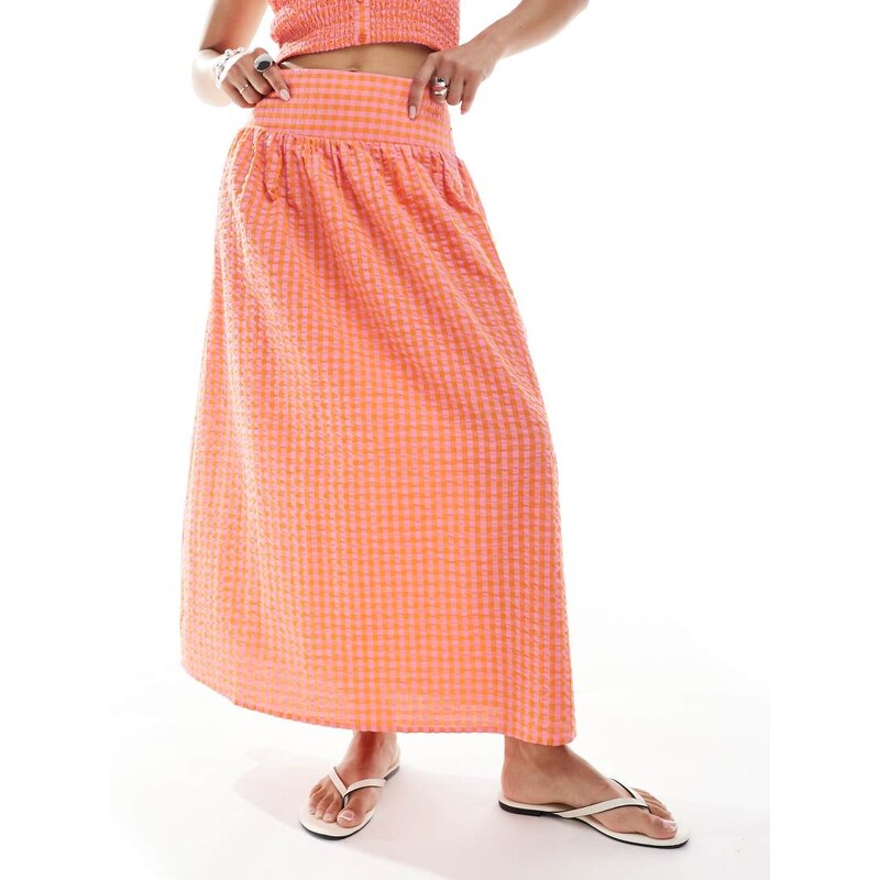 JJXX co-ord long gingham skirt in pink orange check 106226016