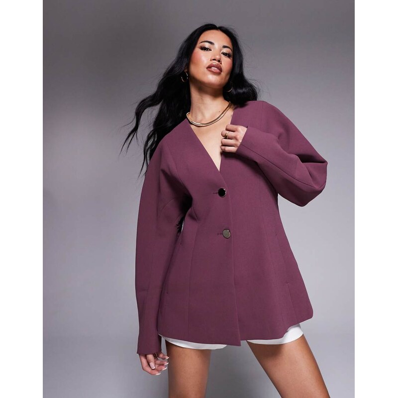ASOS DESIGN collarless nipped waist blazer in plum-Purple 106470545