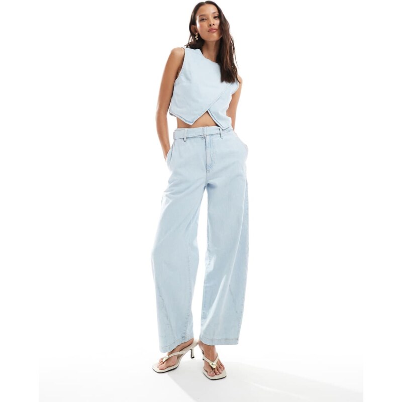 ASOS DESIGN high waisted barrel jean in light wash co-ord-Blue 114895911