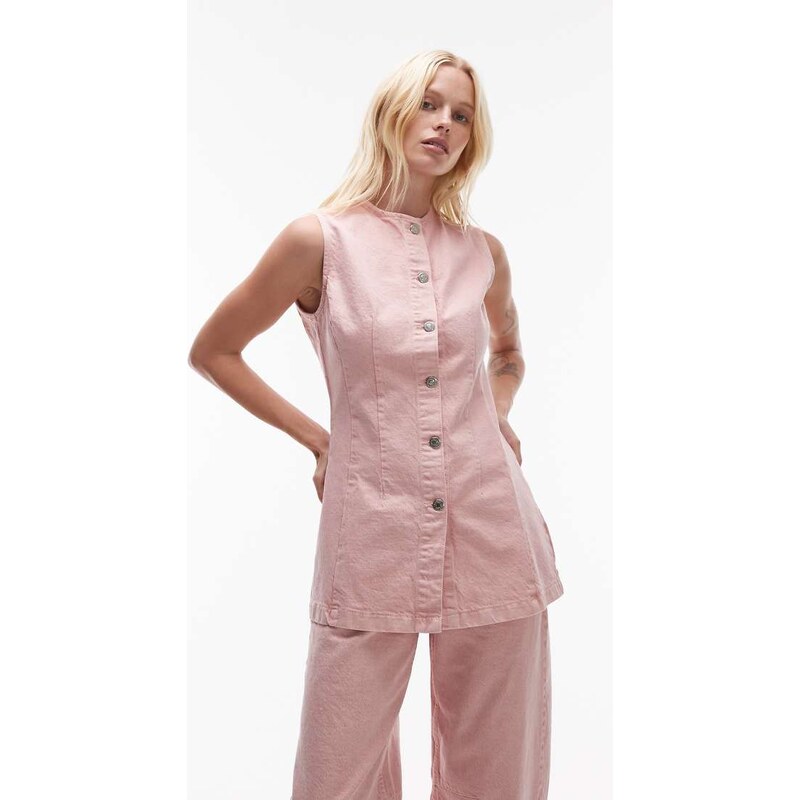 Topshop denim sleeveless waistcoat in washed pink-Red 106246438