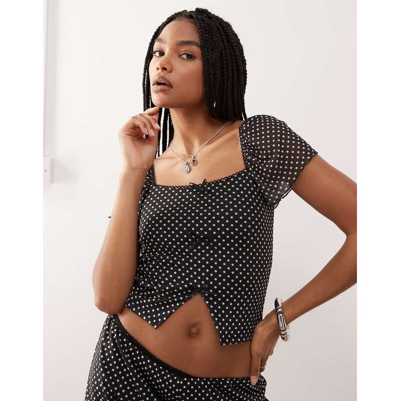 Reclaimed Vintage square neck mesh top with split hem in polka dot 107044042