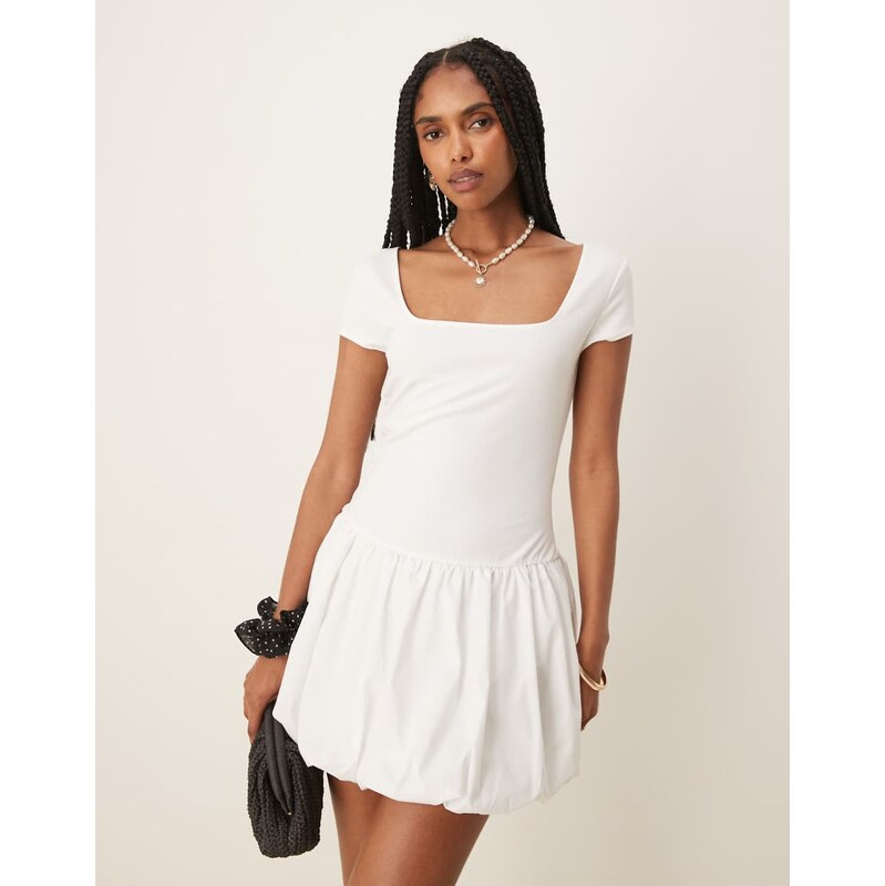 Mango square neck short sleeve bubble hem mini dress in white 106226187