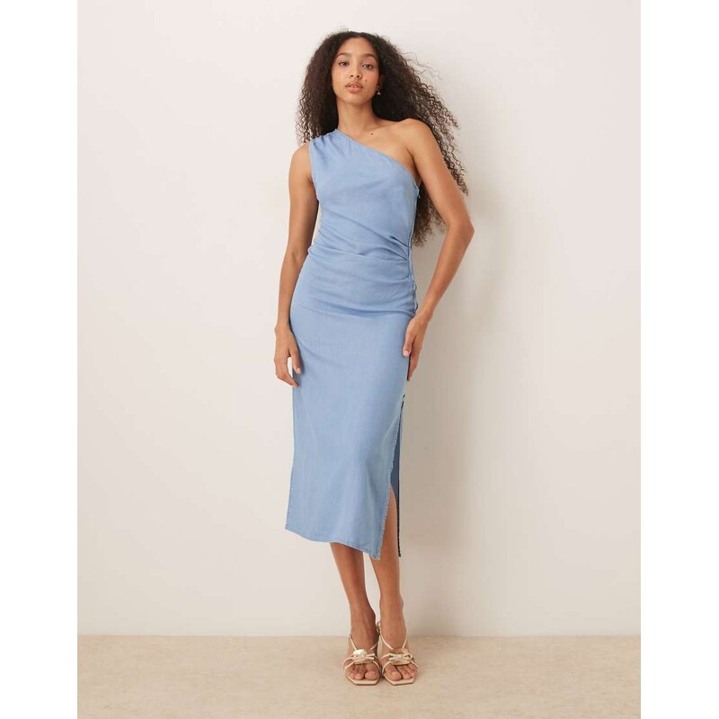Mango draped one shoulder denim look midaxi dress with side split in 106226191