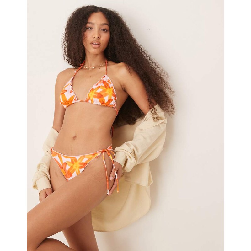 Mango floral tie side bikini bottom in pink and orange 106226209