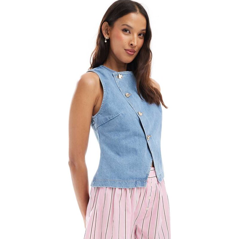 ASOS DESIGN asymmetric cross front top with gold buttons in