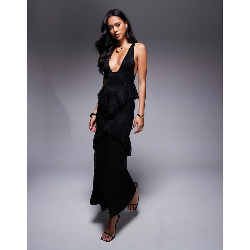 ASOS DESIGN lace plunge ruffle maxi dress in black