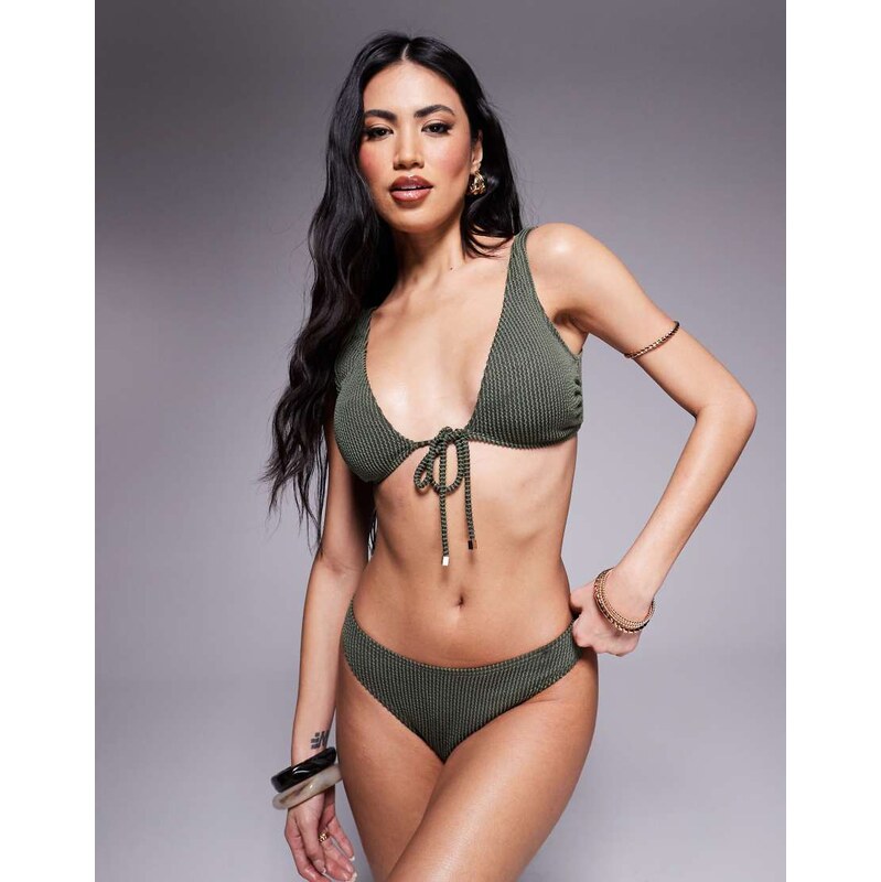 South Beach crinkle stripe bikini top in khaki-Green