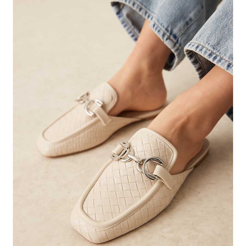 ASOS DESIGN Wide Fit Mosaic flat loafer mules in off-white weave 112321799