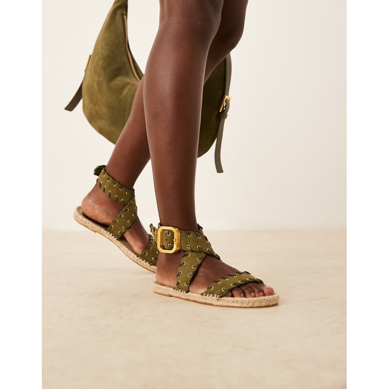 ASOS DESIGN Jazzy whipstitch espadrille sandals in khaki-Green 106228633