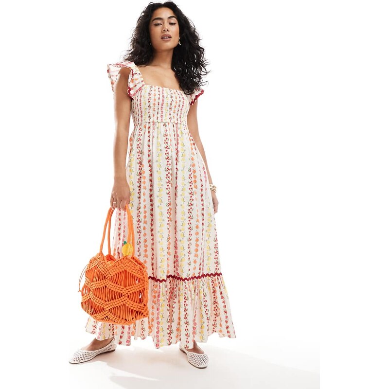 Miss Selfridge poplin maxi dress in fruit print-Multi 106228693