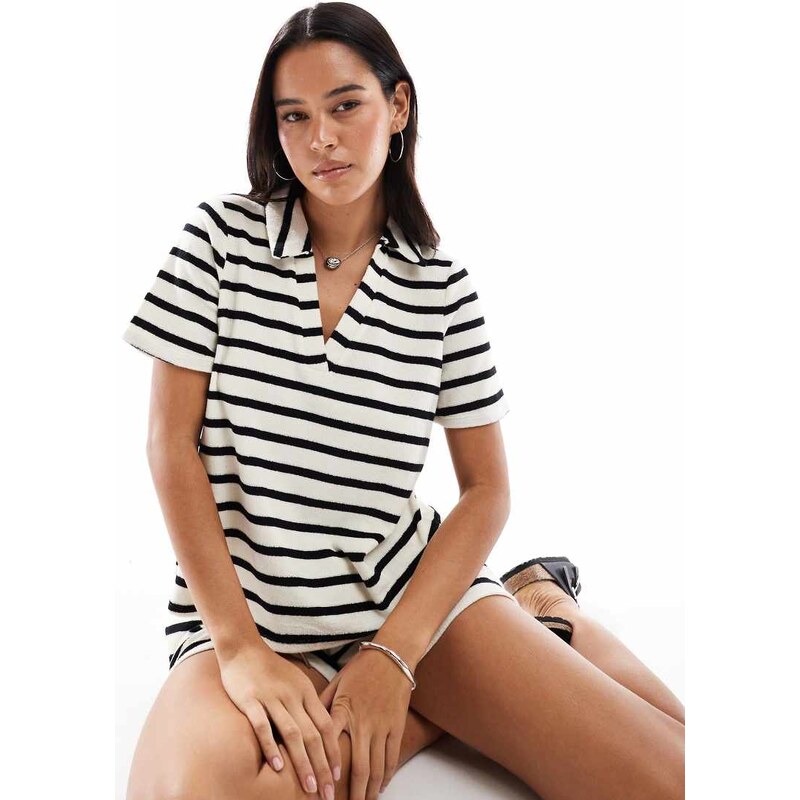 Vero Moda towelling polo t-shirt co-ord in mono stripe-Multi 115511764
