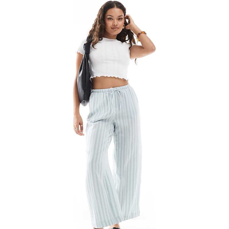Vero Moda Petite cotton wide leg trousers in green stripe
