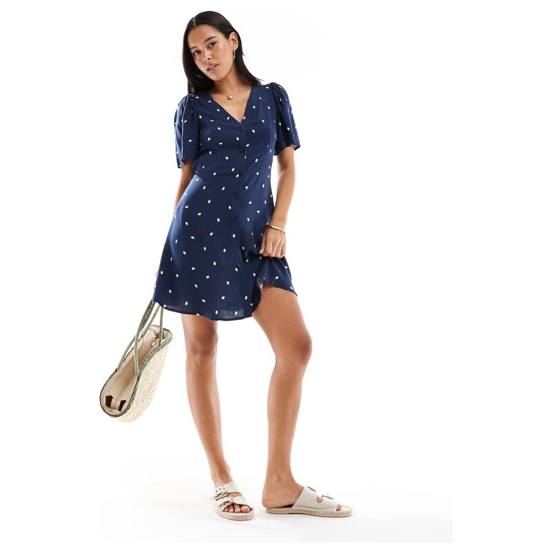 Vero Moda button through mini skater dress with lemon print in
