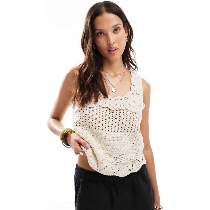Object crochet knitted cami top in cream-White 106228823