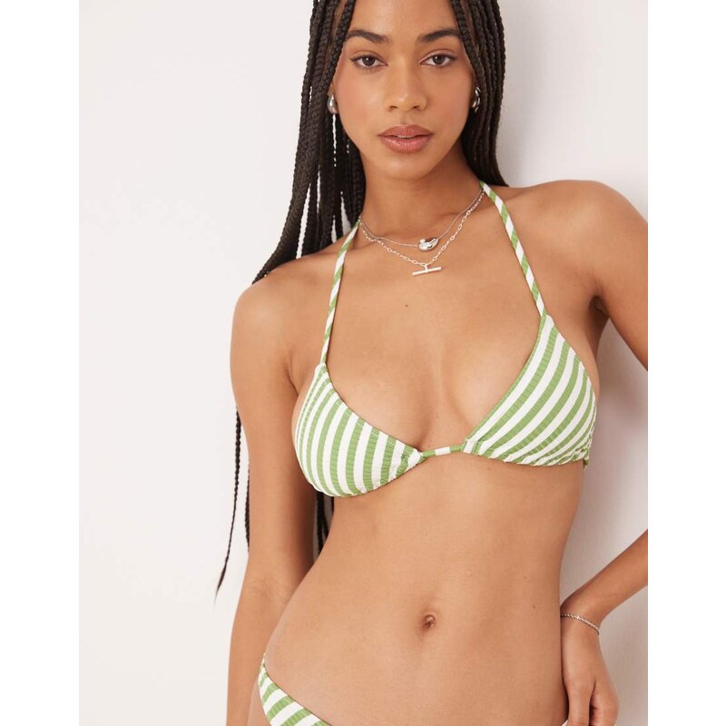 & Other Stories triangle bikini top in green stripes