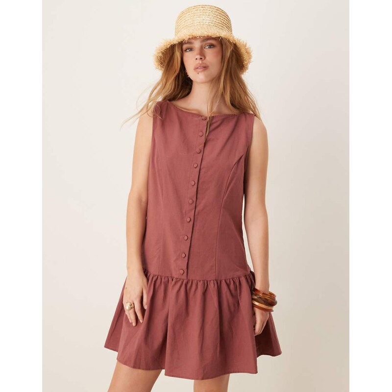 ASOS DESIGN button down dropped waist mini dress with straight neck in washed burgundy-Red