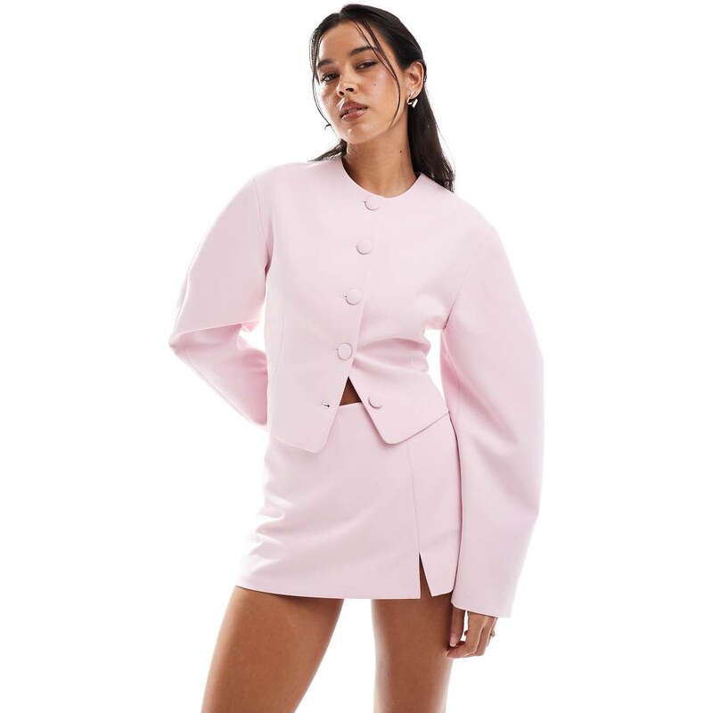 ASOS DESIGN cocoon sleeve collarless blazer in baby pink co ord