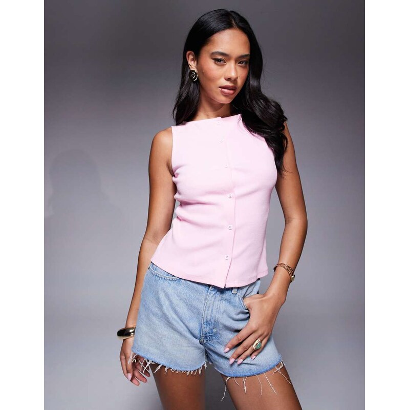 ASOS DESIGN wide neck ribbed button through tank top in baby pink 106228887