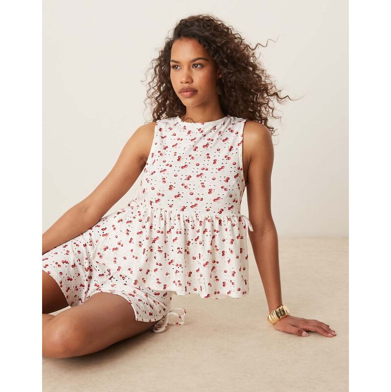 ASOS DESIGN broderie tie side top co-ord in cherry print-Multi 106233651