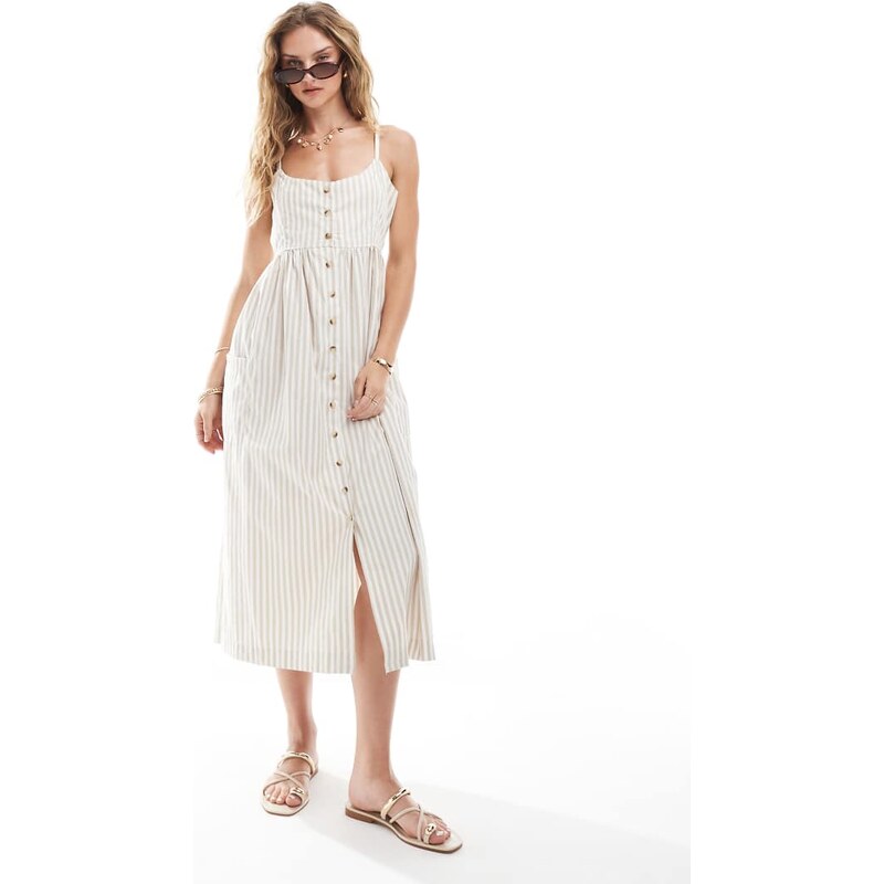 Brave Soul strappy button down midi dress in stone stripe-Neutral 106238488