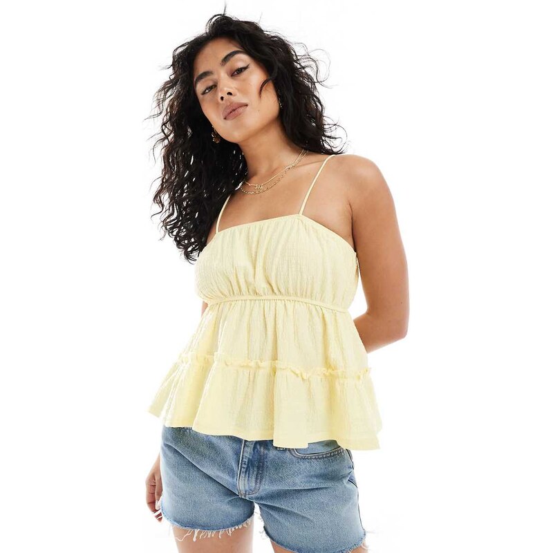Miss Selfridge seersucker cami peplum hem top in lemon-Multi 112965048