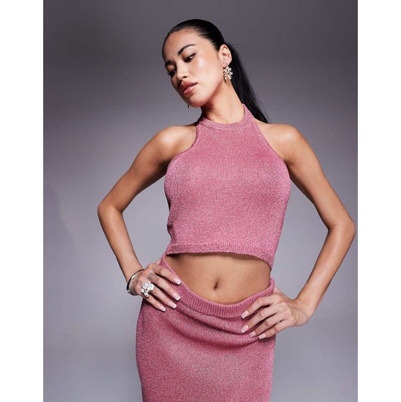 Aria Cove metallic knit halterneck top co-ord in pink