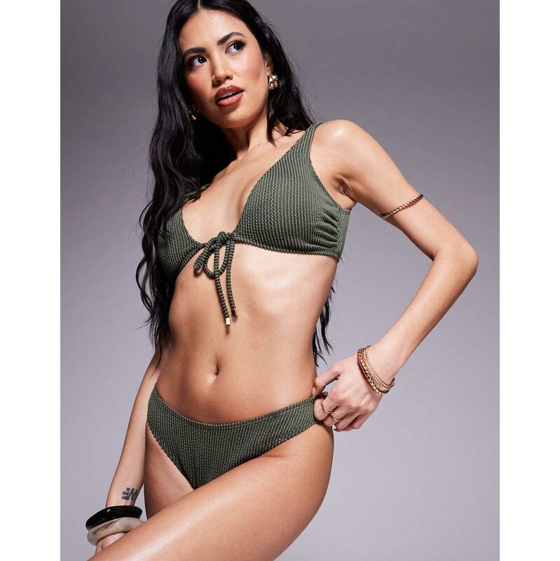South Beach crinkle stripe bikini bottom in khaki-Green 106233384
