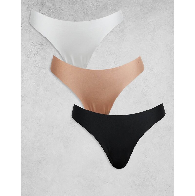 ASOS DESIGN 3 pack no vpl & lace thong in black, white & beige-Multi 106233414