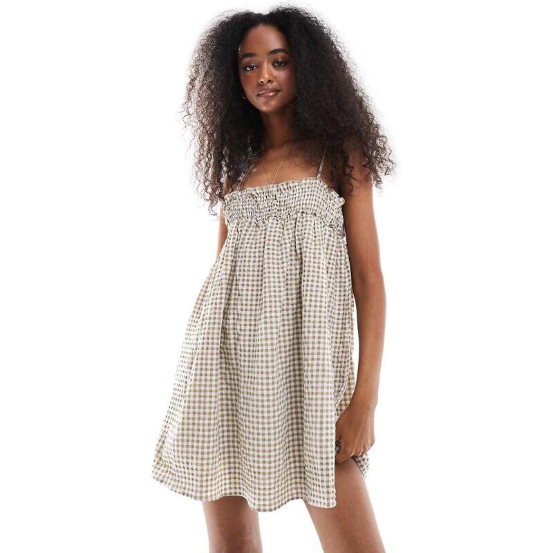 Daisy Street gingham shirred bandeau mini dress in brown gingham 106233550