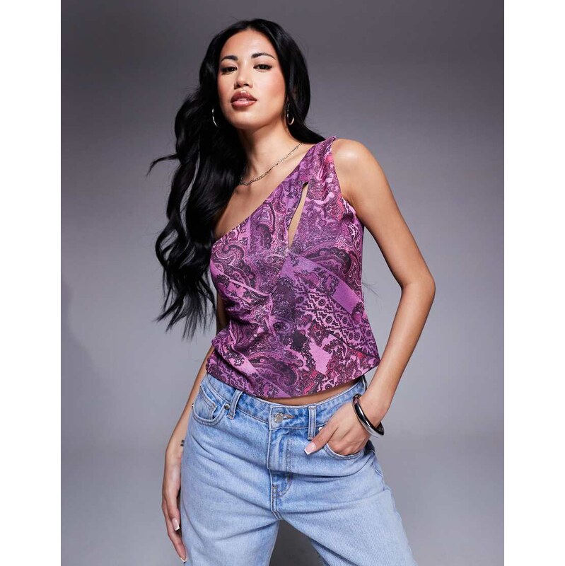 ASOS DESIGN mesh one shoulder cut out detail top in paisley print 106233644