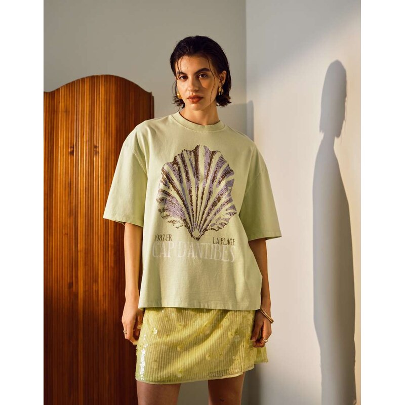 Topshop graphic Cap DAntibes shell oversized tee in green 106233481