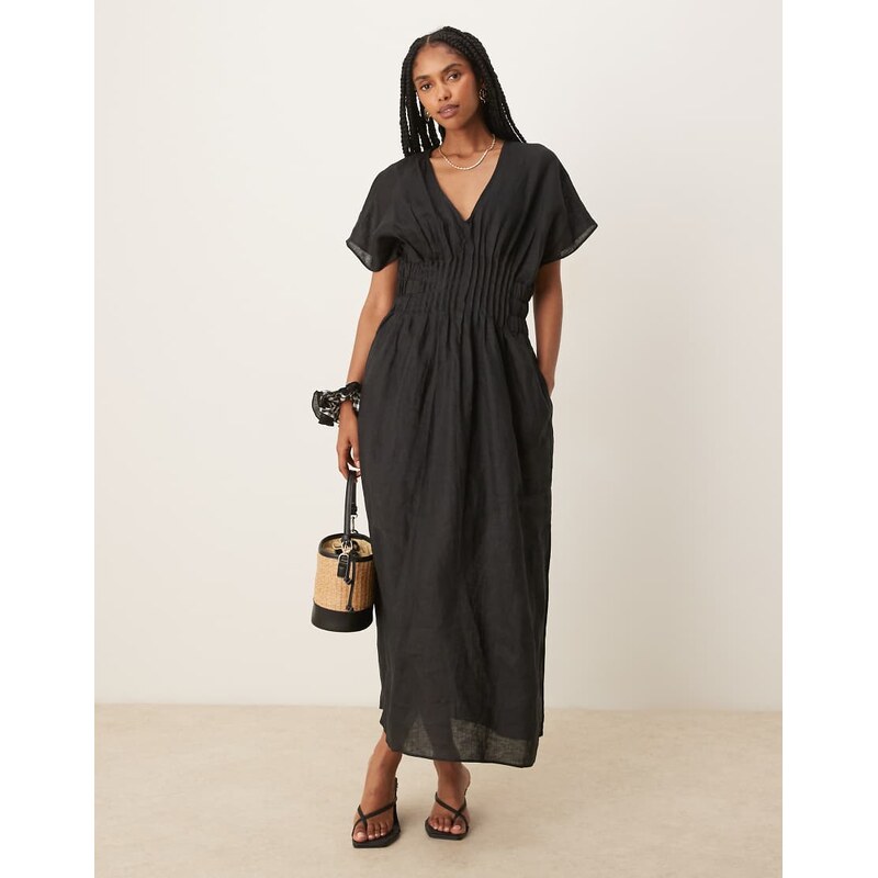 Mango ramie linen blend drape sleeve midaxi dress with ruched pleated 106233596