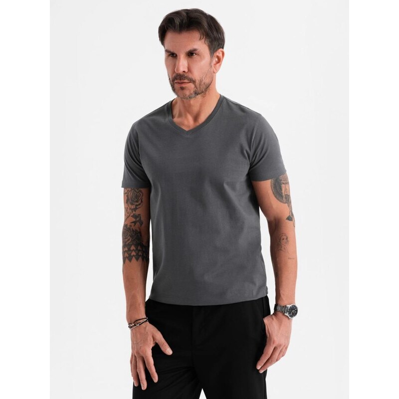 Ombre Clothing Základní bavlněné grafitové tričko s výstřihem do