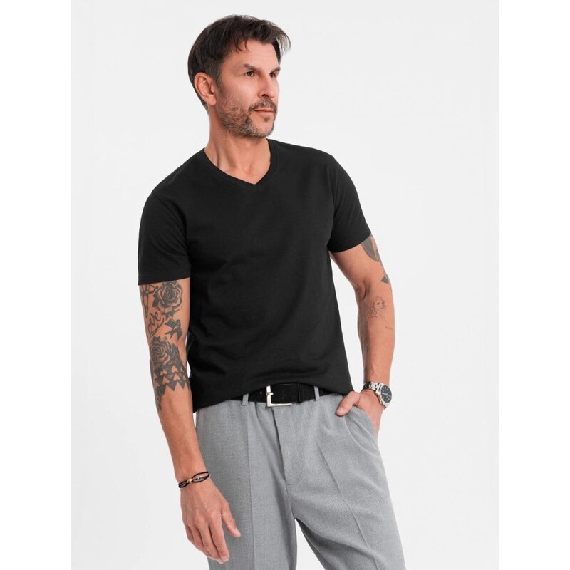 Ombre Clothing Základní bavlněné černé tričko s výstřihem do V