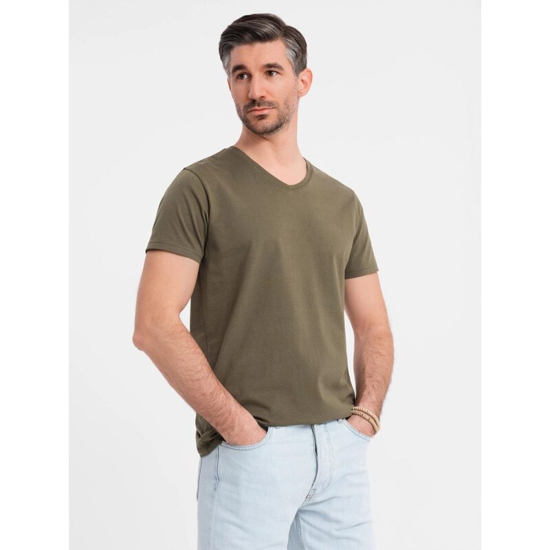 Ombre Clothing Základní bavlněné olivové tričko s výstřihem do V