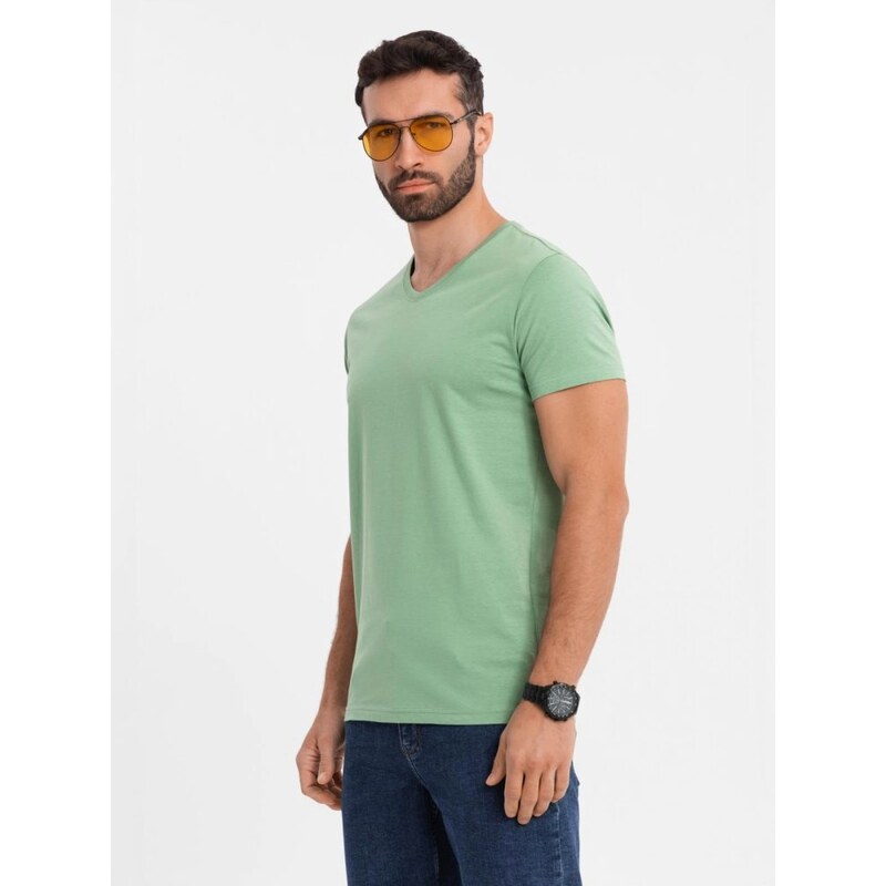 Ombre Clothing Základní bavlněné zelené tričko s výstřihem do V