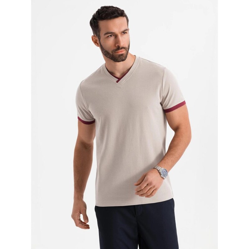 Ombre Clothing Moderní béžové bavlněné tričko s výstřihem do V