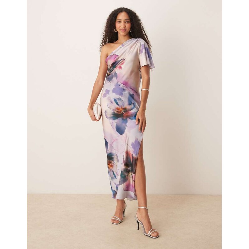 ASOS DESIGN satin one shoulder flutter sleeve midi dress in painted floral-Multi