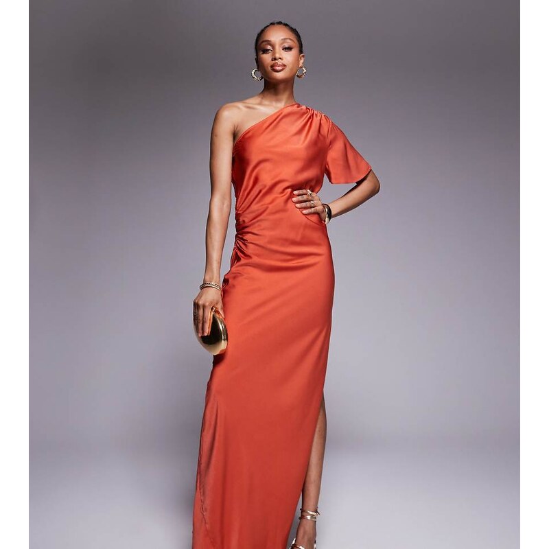 ASOS Tall ASOS DESIGN Tall satin one shoulder flutter sleeve midi 106238439