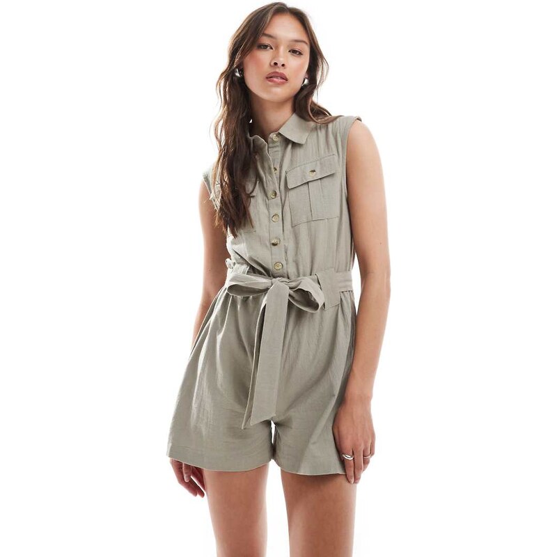 Brave Soul playsuit with tie waist and button up detail in stone 106238472